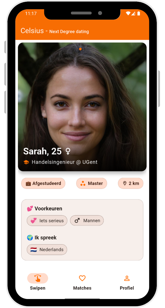 Celsius Dating app screen met profiel van afgestudeerde vrouwelijke handelsingenieur